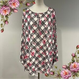 Lane Bryant Pink and Black Floral Plaid Blouse